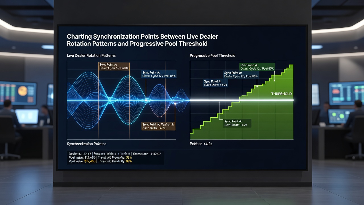 Data visualization of synchronization points between dealer rotations and progressive pool thresholds