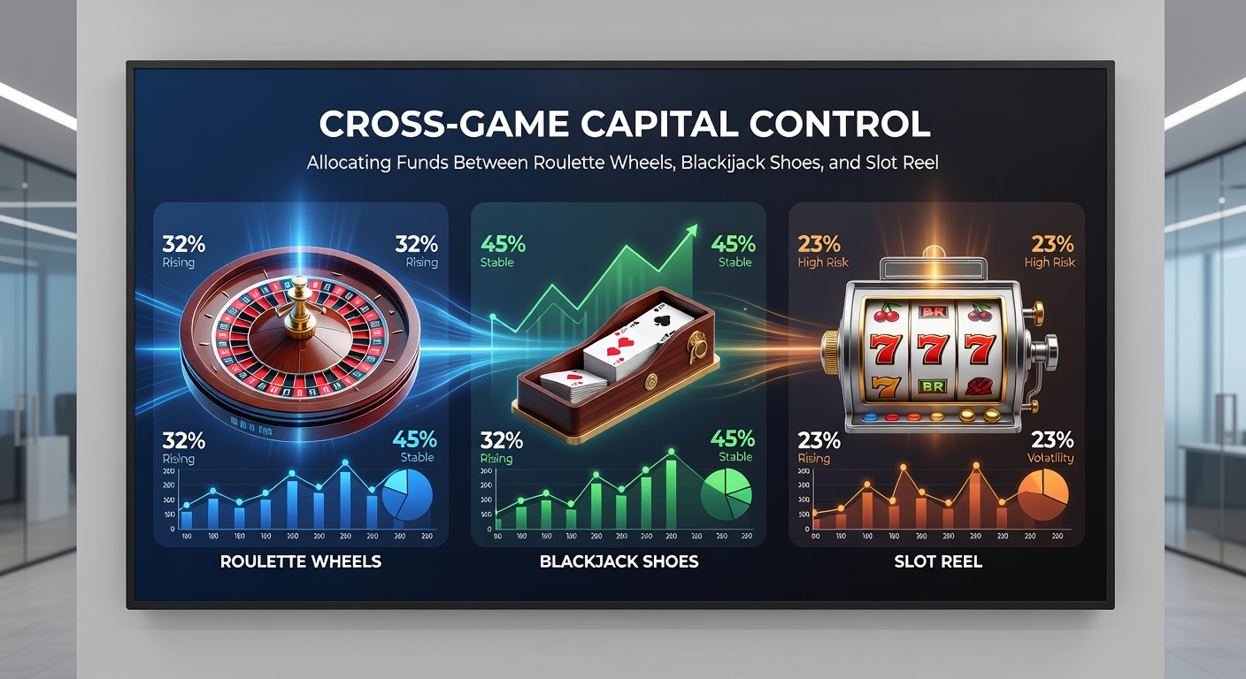 Close-up of a player's hands dividing casino chips between roulette bets, blackjack cards, and slot credits on a multi-game strategy chart