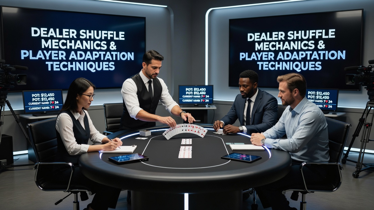 Multiple camera feeds showing close-up views of card handling during a live dealer poker broadcast