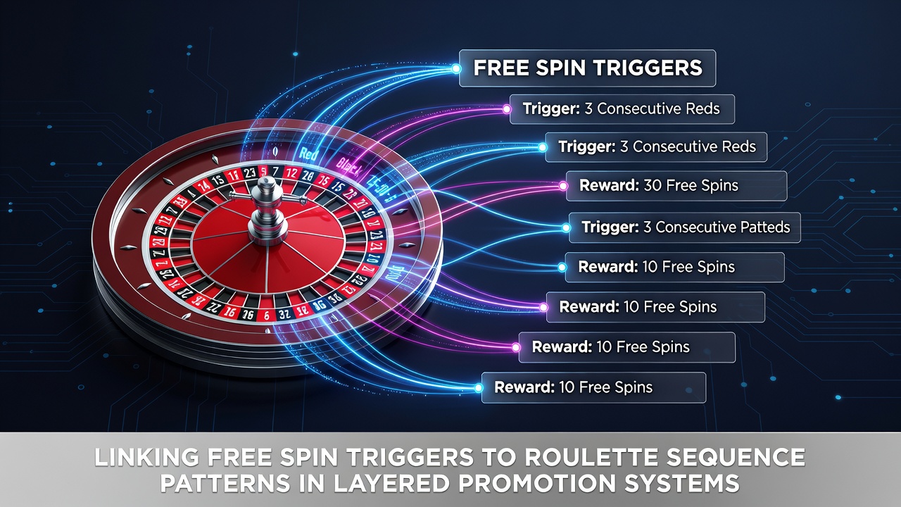 Illustration of layered promotion tiers where roulette patterns feed into free spin rewards on connected slot platforms
