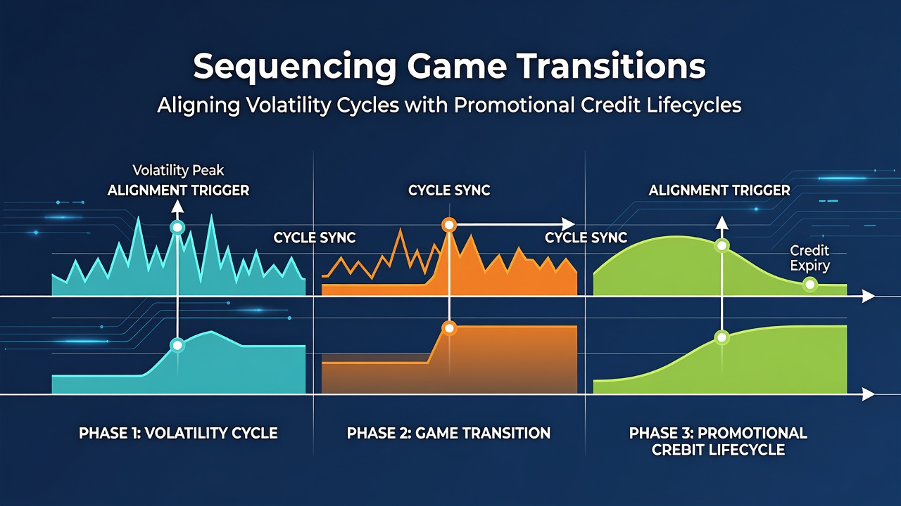 Flowchart illustrating sequenced transitions between low and high volatility games timed to promotional credit remaining balance stages