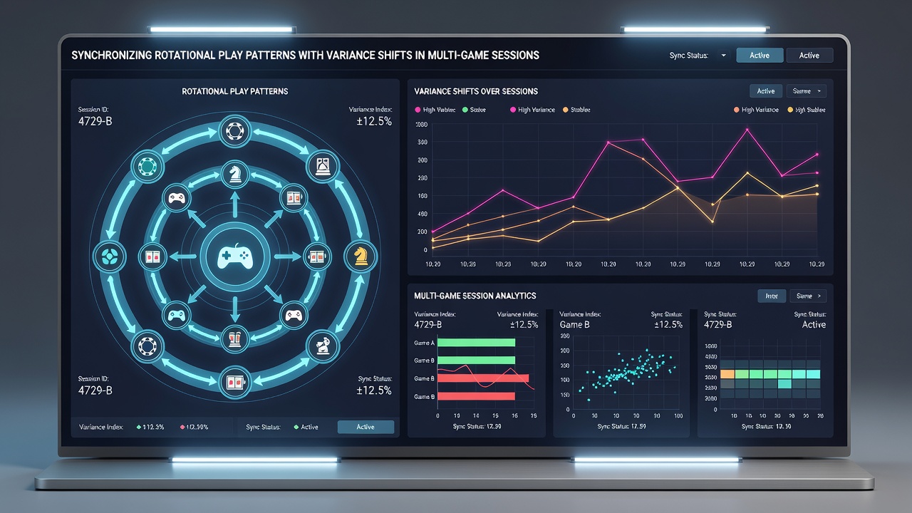 Infographic illustrating variance shift graphs synchronized with multi-game rotation timelines in casino environments
