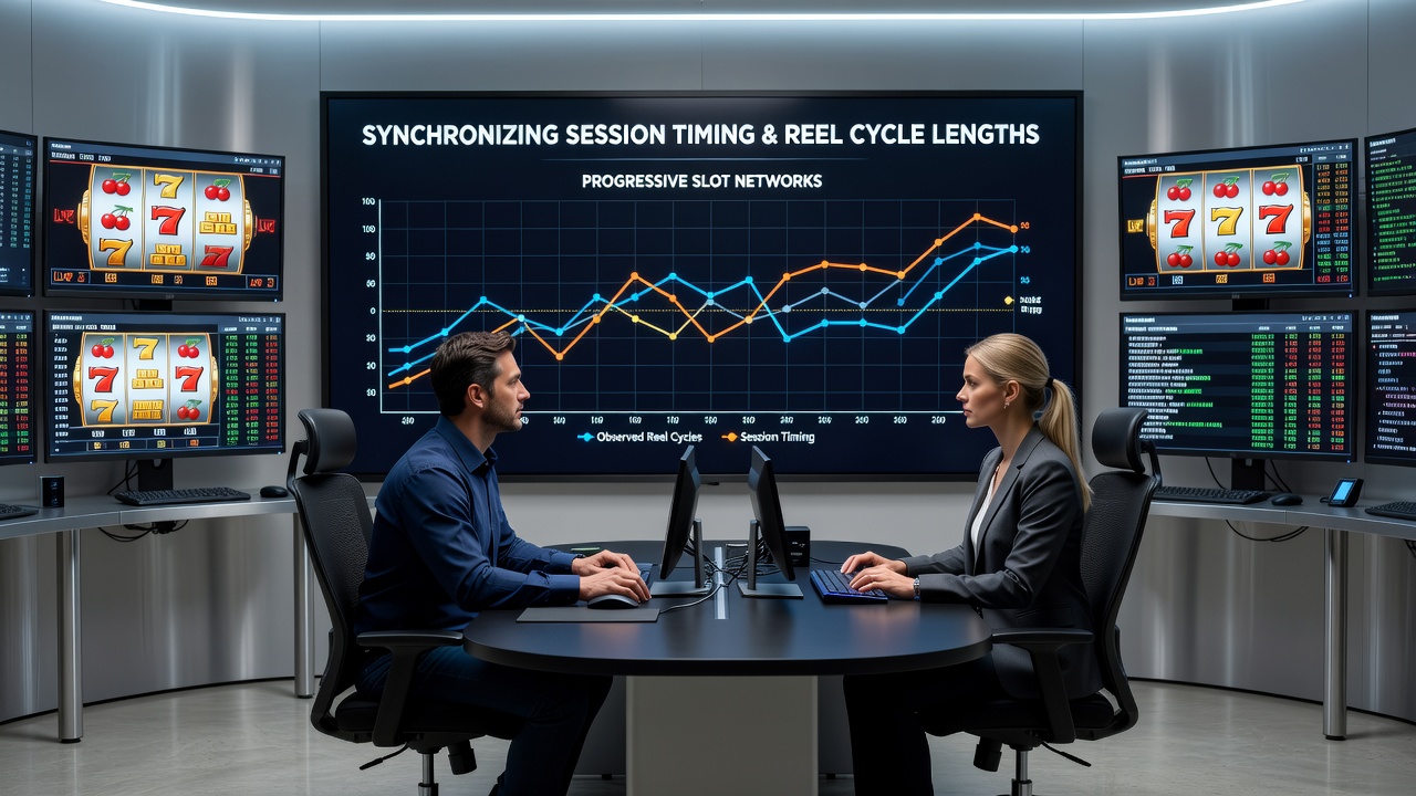 Analytics dashboard displaying reel cycle graphs and session timing overlays for progressive slot networks