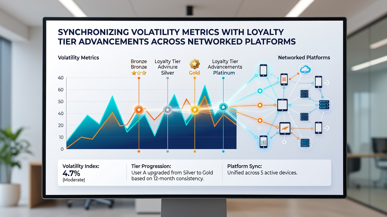 Dashboard interface showing synchronized volatility scores and loyalty tier progress indicators